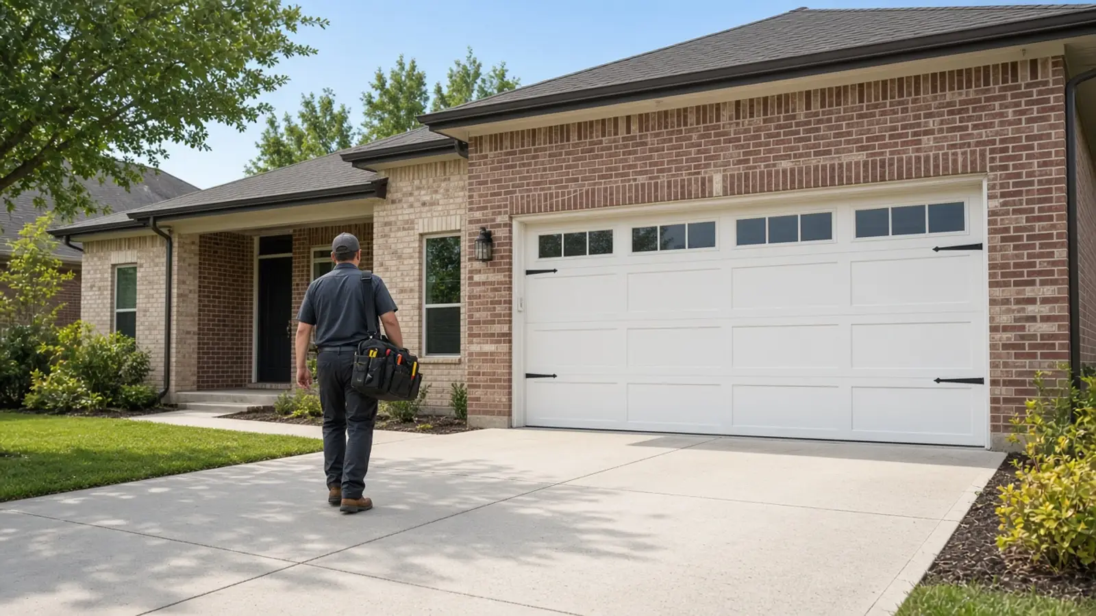 Technician arriving at a Dallas-area home for garage door repair (placeholder photo)